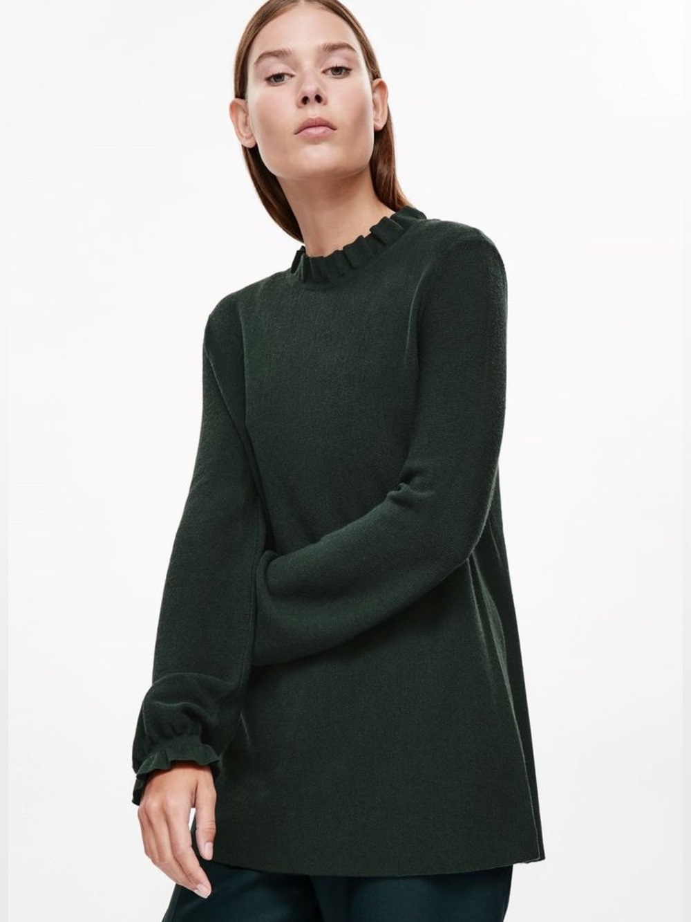 COS Dark Green long-sleeve knit sweater ruffled mock neck ruffled cuff Size L